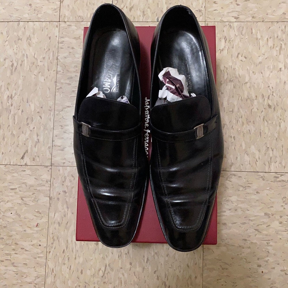 Black  Ferragamo size 13 with silver buckle.